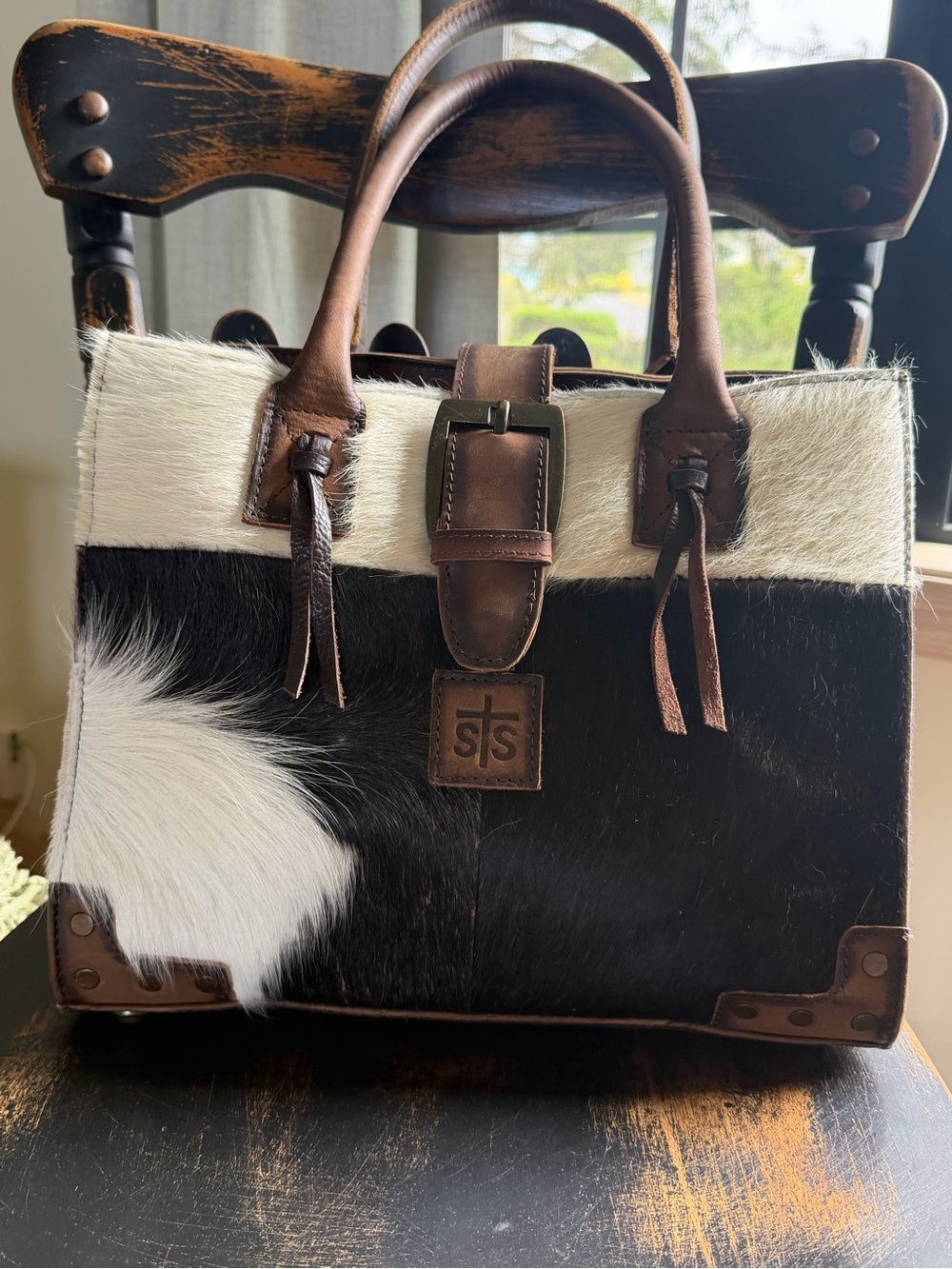STS Ranchwear Black & White Cowhide Satchel with Brown Leather Trim FLAWLESS